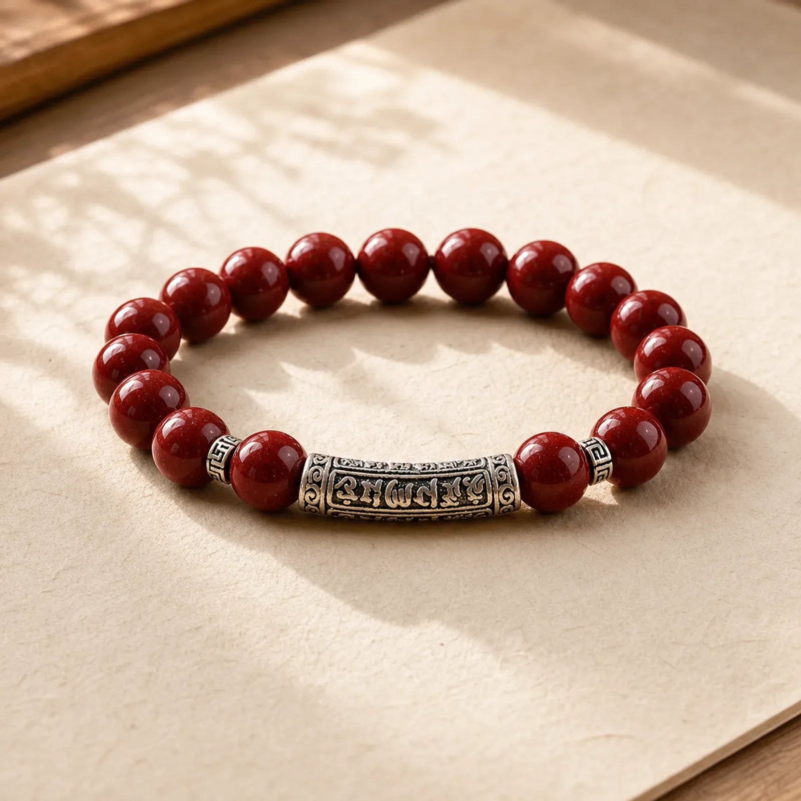 Cinnabar 999 Sterling Silver Six True Words Blessing Bracelet featuring Cinnabar, Silver, Om
