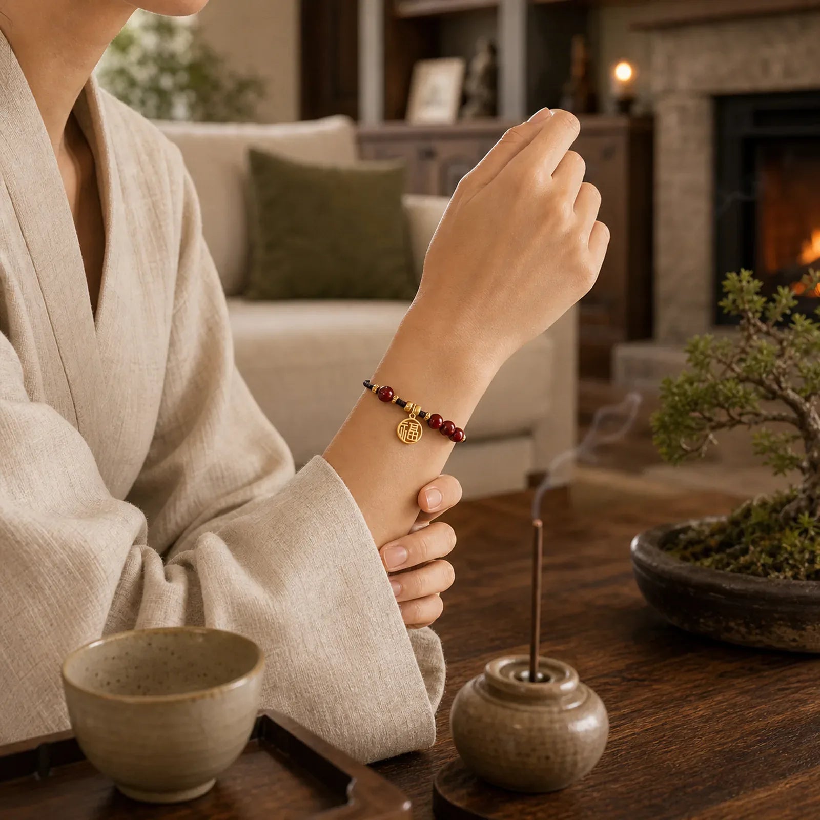 Cinnabar Bead Fu Character Charm Blessing Braided String Bracelet (Extra 30% Off | USE CODE: FS30) featuring Cinnabar, Fu Character, Copper