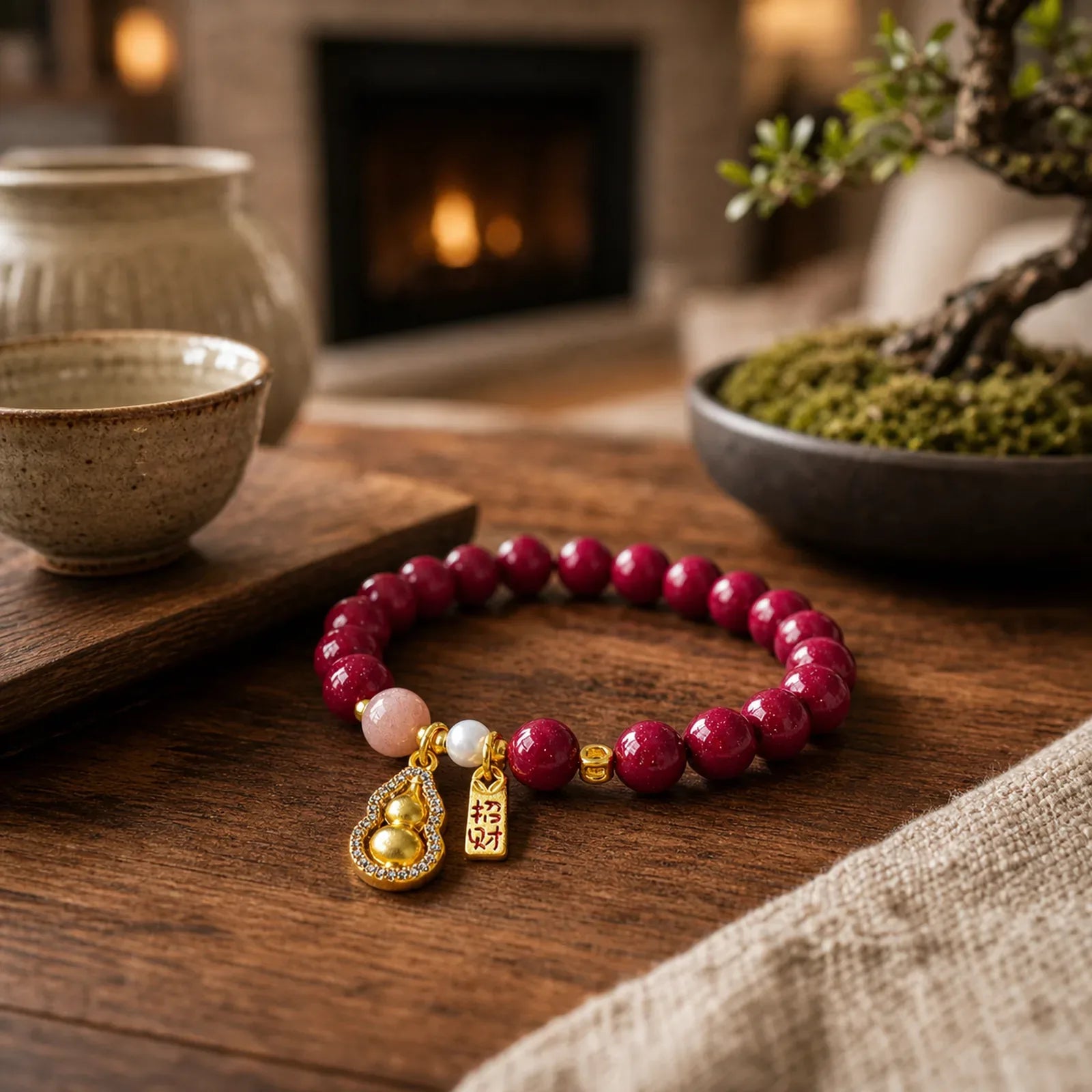 Cinnabar Blessing Attract Fortune Bracelet featuring Cinnabar, Peach Moonstone, Moonstone