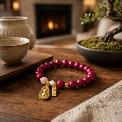 Cinnabar Blessing Attract Fortune Bracelet featuring Cinnabar, Peach Moonstone, Moonstone