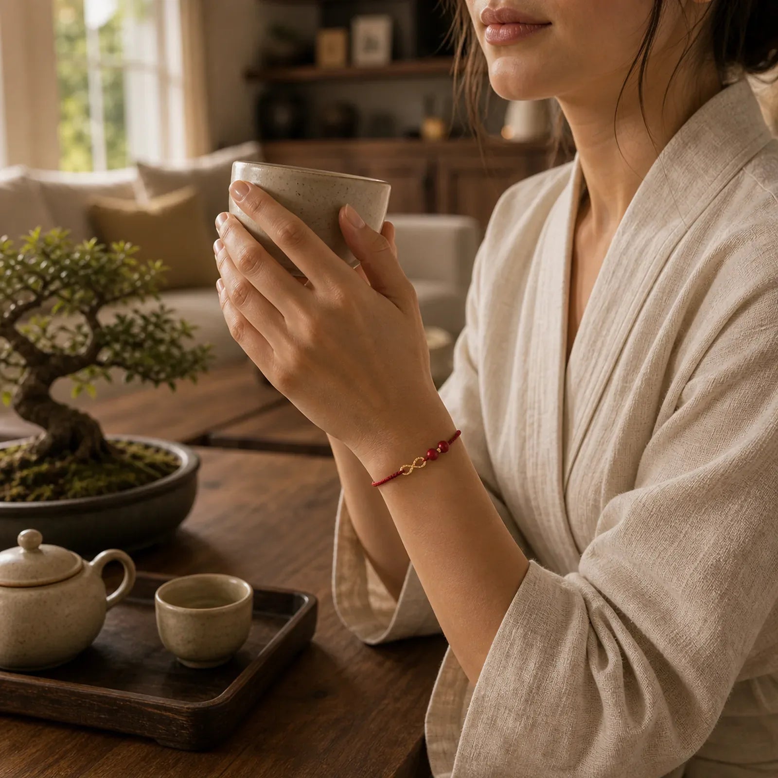 Cinnabar Blessing Red String Golden Infinity Symbol Bracelet Anklet featuring Cinnabar, Red String, Copper