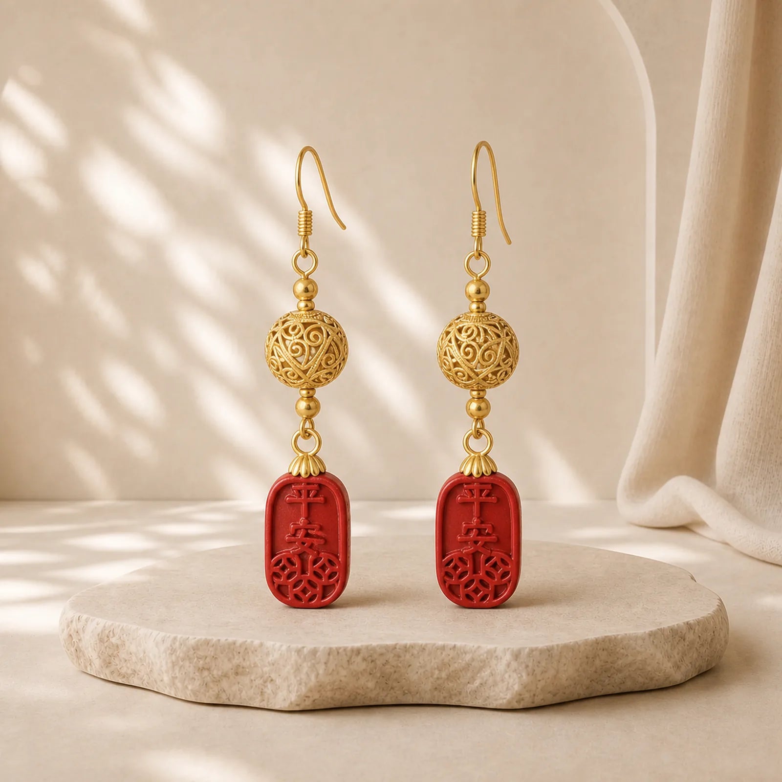 Cinnabar Copper Filigree Blessing Drop Earrings featuring Cinnabar, Copper