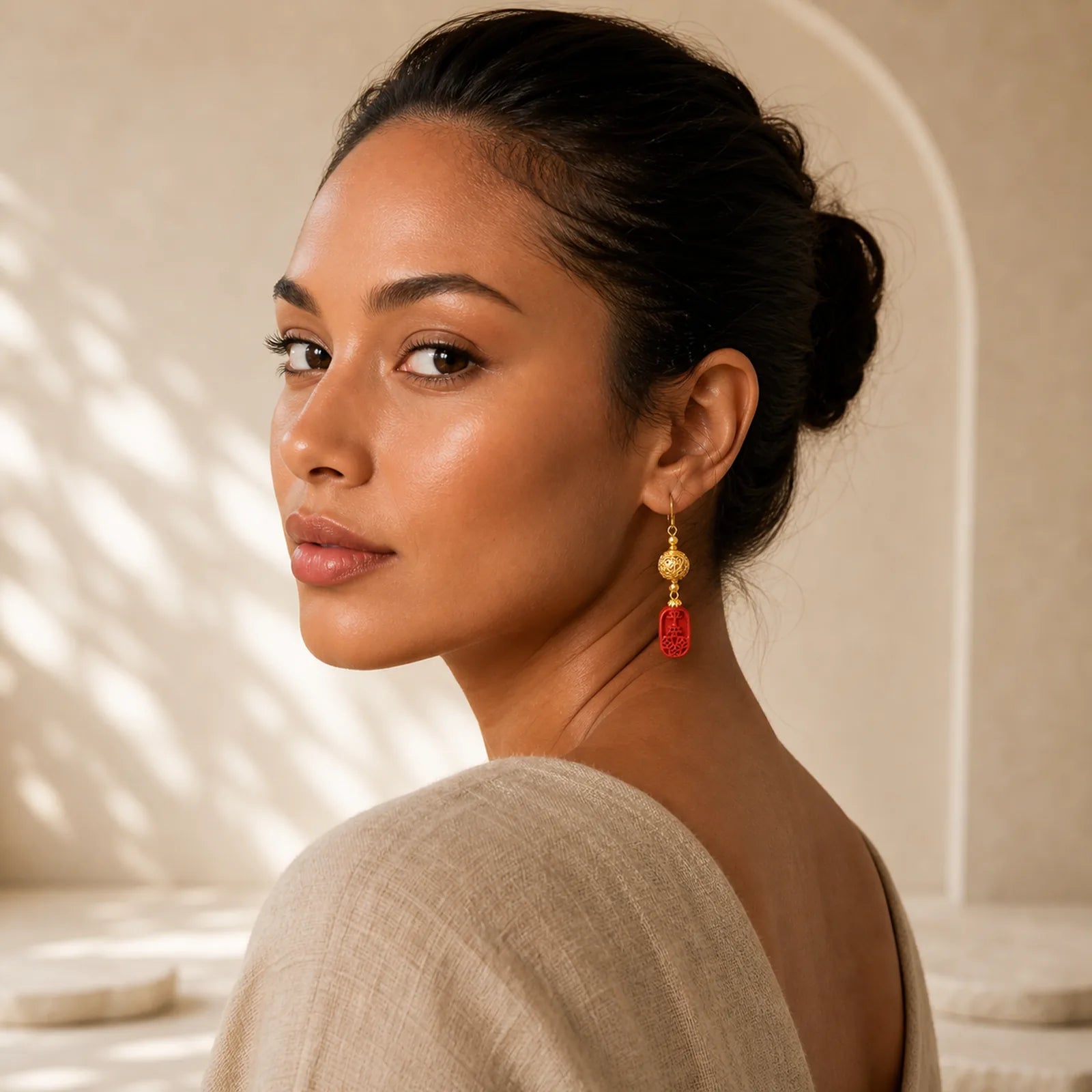 Cinnabar Copper Filigree Blessing Drop Earrings featuring Cinnabar, Copper