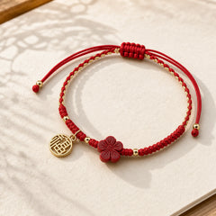 Cinnabar Flower Fu Character Blessing Braided String Bracelet featuring Cinnabar, Fu Character, Red String