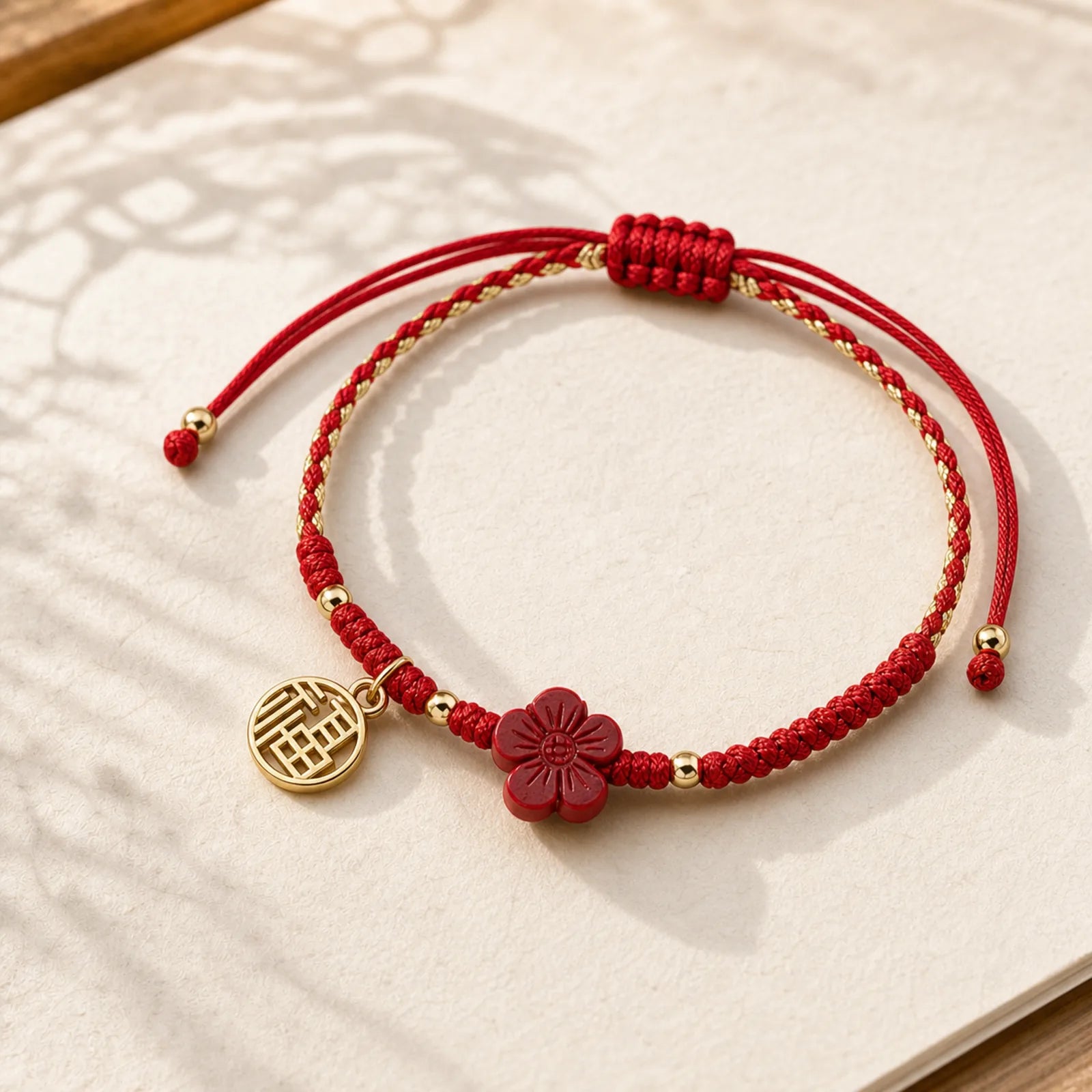 Cinnabar Flower Fu Character Blessing Braided String Bracelet featuring Cinnabar, Fu Character, Red String
