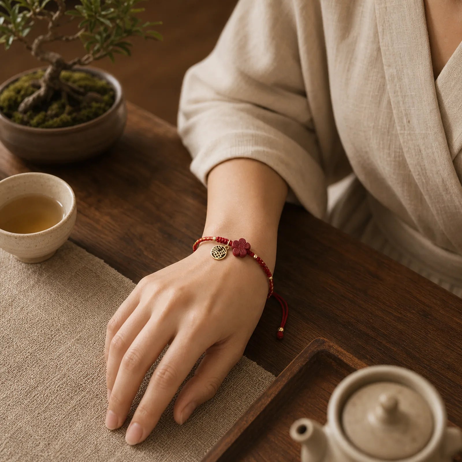 Cinnabar Flower Fu Character Blessing Braided String Bracelet featuring Cinnabar, Fu Character, Red String