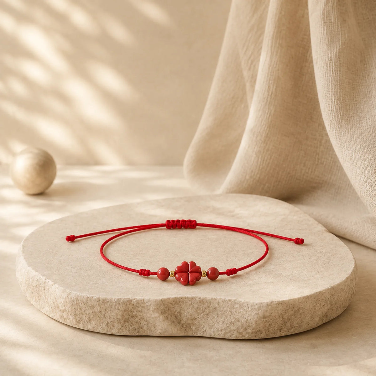 Cinnabar Four Leaf Clover Blessing String Rope Anklet featuring Cinnabar, Red String, Copper