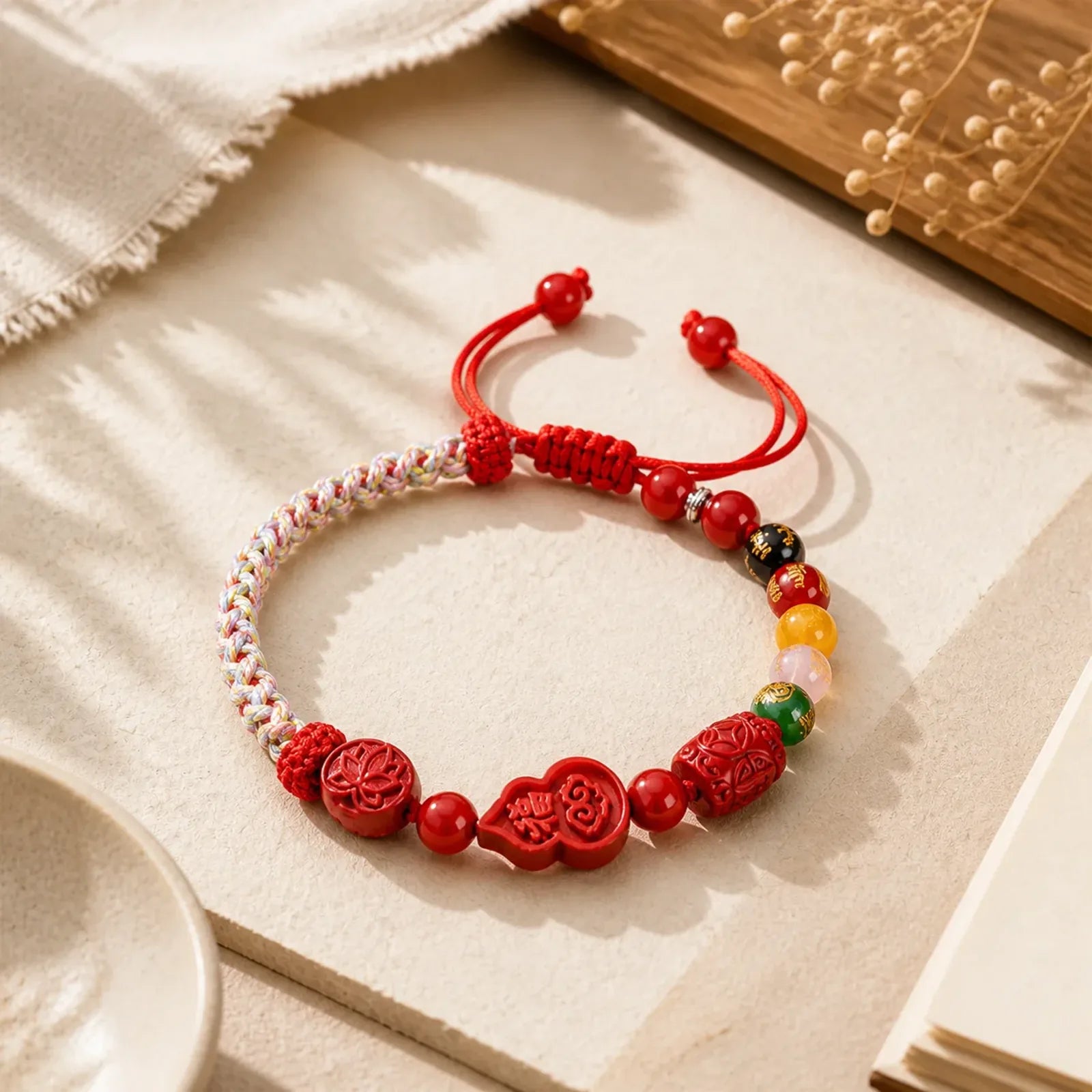 Cinnabar Fu Character Gourd Fortune Hand-Woven Red String Bracelet featuring Cinnabar, Fu Character, Red String