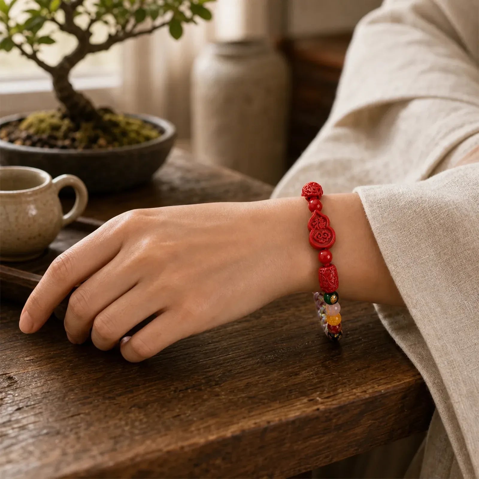 Cinnabar Fu Character Gourd Fortune Hand-Woven Red String Bracelet featuring Cinnabar, Fu Character, Red String