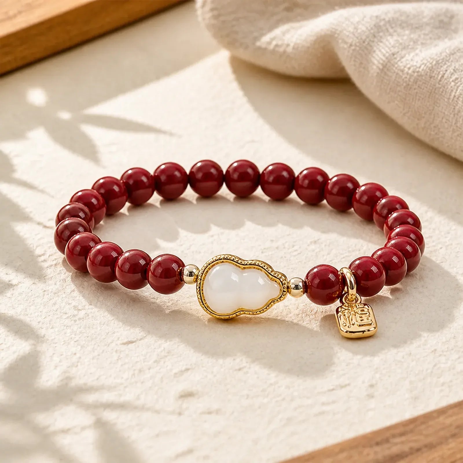 Cinnabar Gourd Fu Character Charm Blessing Bracelet featuring Cinnabar, Fu Character, Jade