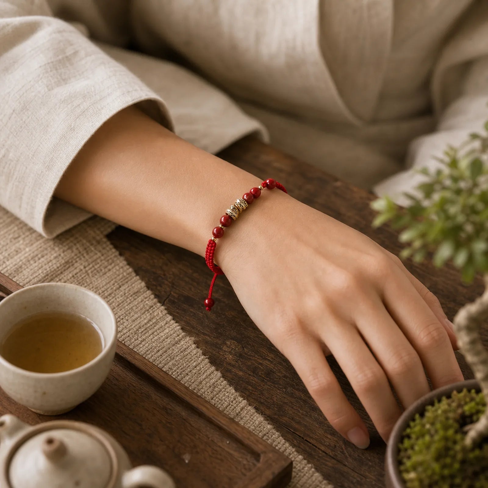 Cinnabar Handmade Year Of Snake String Protection Braided Bracelet featuring Cinnabar, Goldstone, Red String