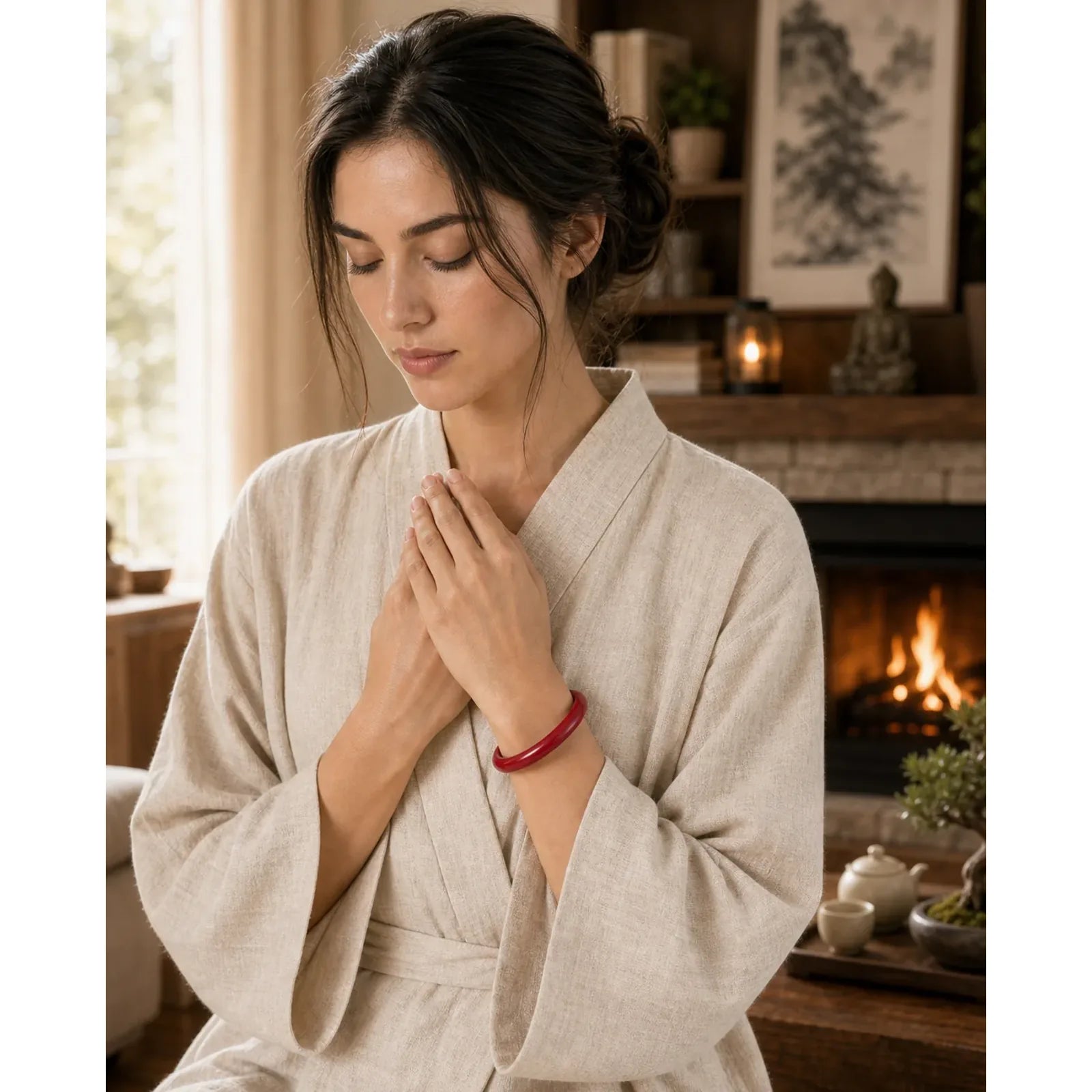 Cinnabar Heart Sutra Engraving Blessing Bangle Bracelet featuring Cinnabar, Jade