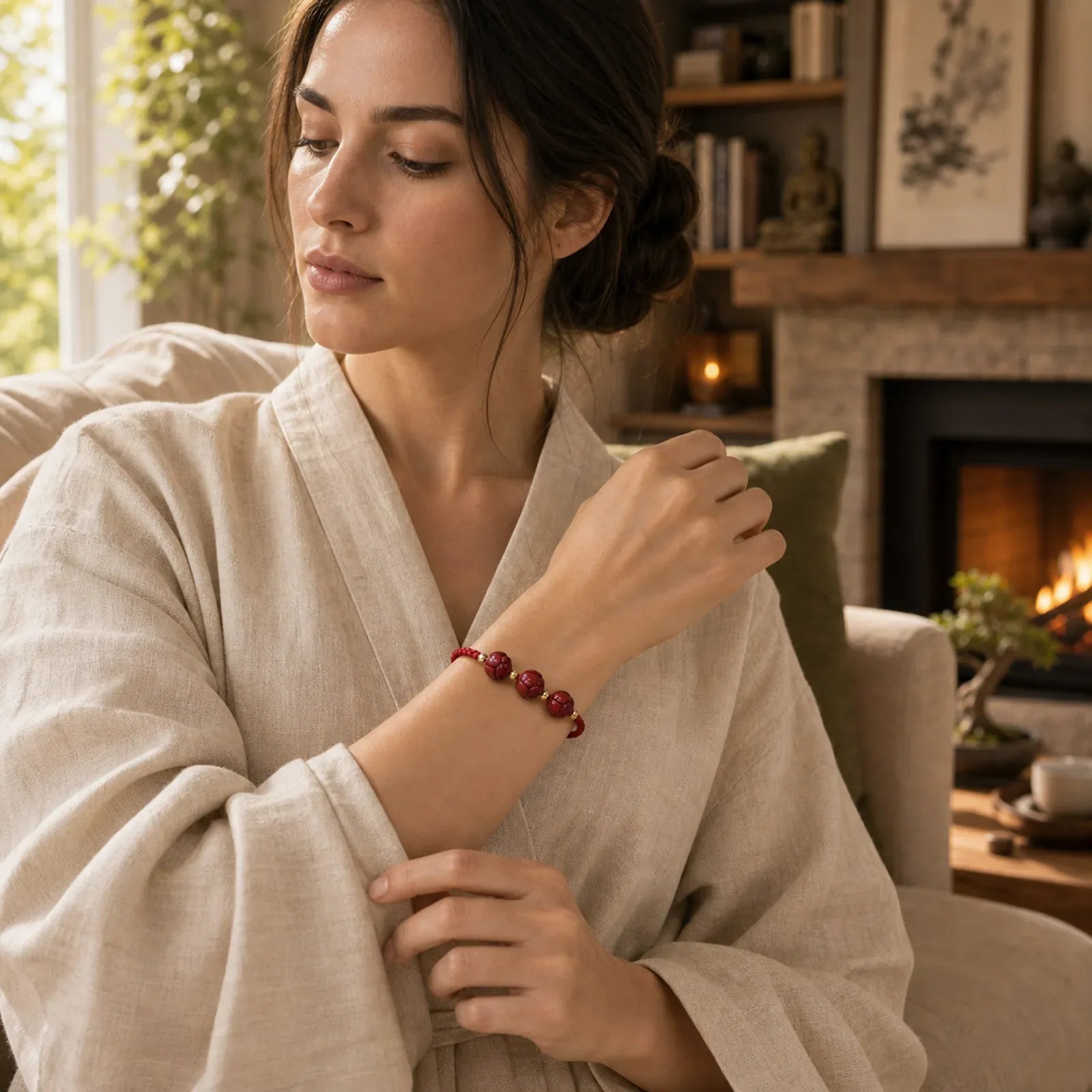 Cinnabar Jade Lotus Calm Red String Weave Bracelet featuring Cinnabar, Jade, Lotus