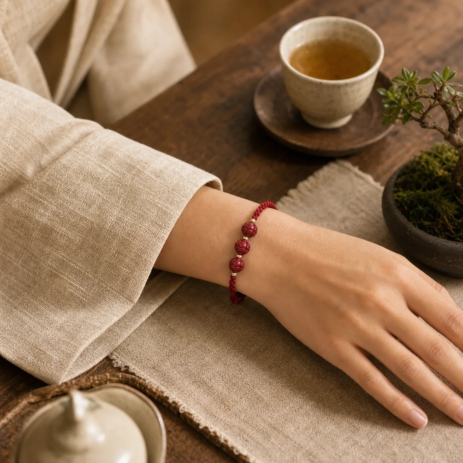 Cinnabar Jade Lotus Calm Red String Weave Bracelet featuring Cinnabar, Jade, Lotus