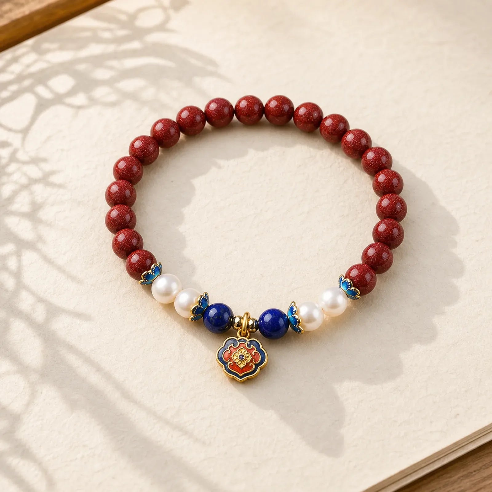 Cinnabar Lapis Lazuli Chinese Lock Charm Blessing Bracelet featuring Cinnabar, Pearl