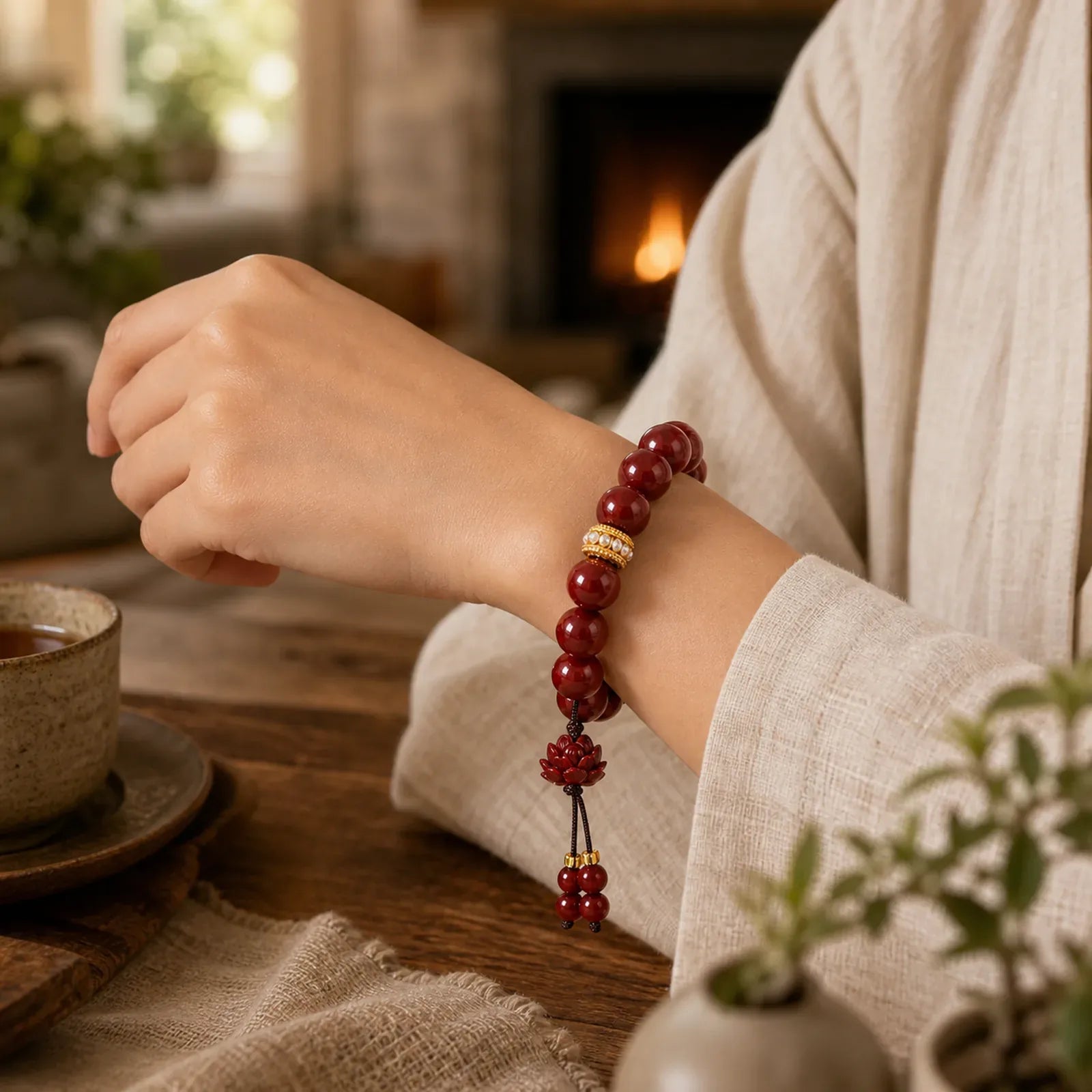 Cinnabar Lotus Blessing Charm Bracelet featuring Cinnabar, Lotus, Lotus Symbol