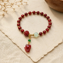 Cinnabar Lotus Cute Fox Charm Blessing Bracelet featuring Cinnabar, Lotus, Jade