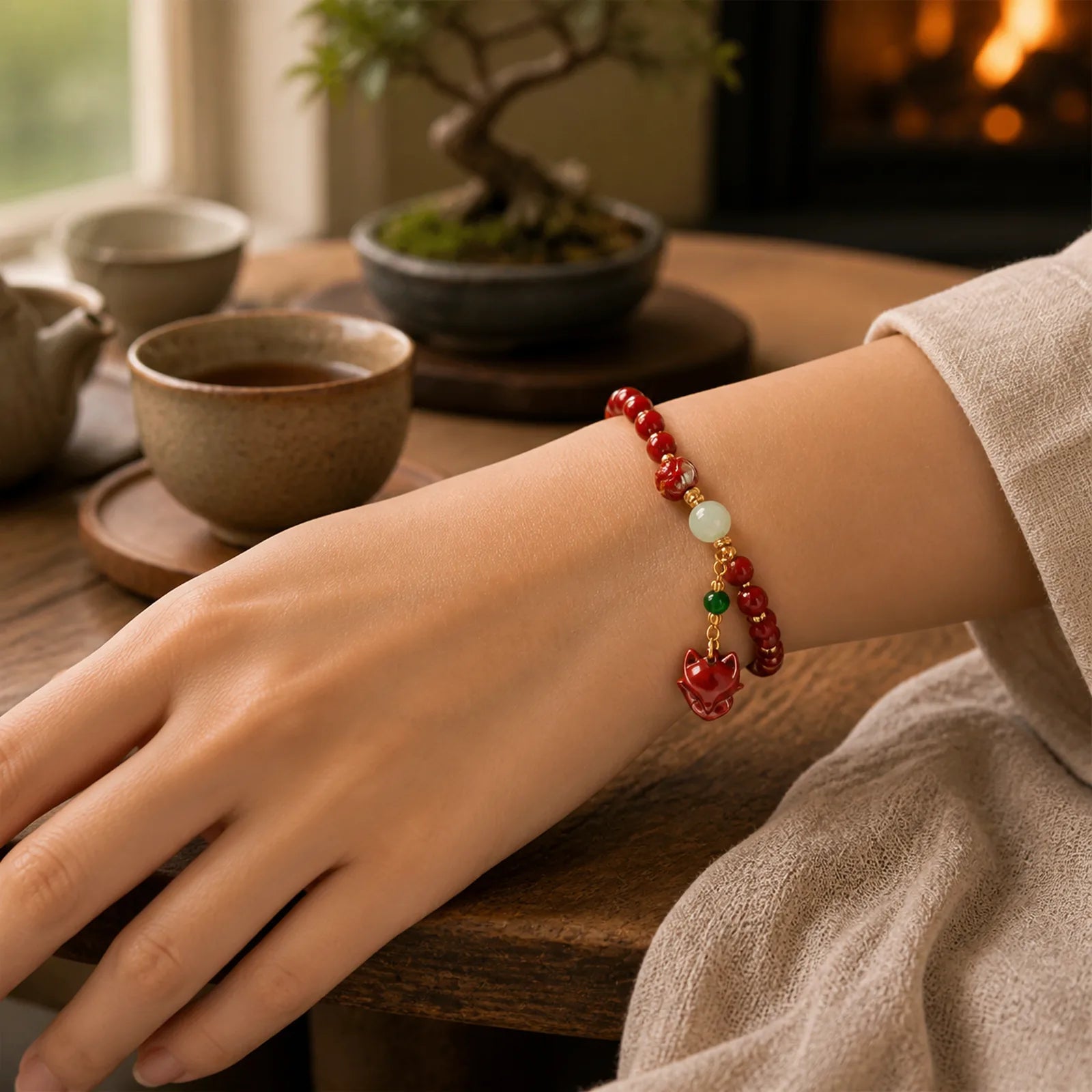 Cinnabar Lotus Cute Fox Charm Blessing Bracelet featuring Cinnabar, Lotus, Jade