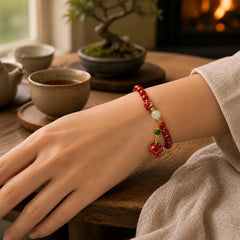 Cinnabar Lotus Cute Fox Charm Blessing Bracelet featuring Cinnabar, Lotus, Jade