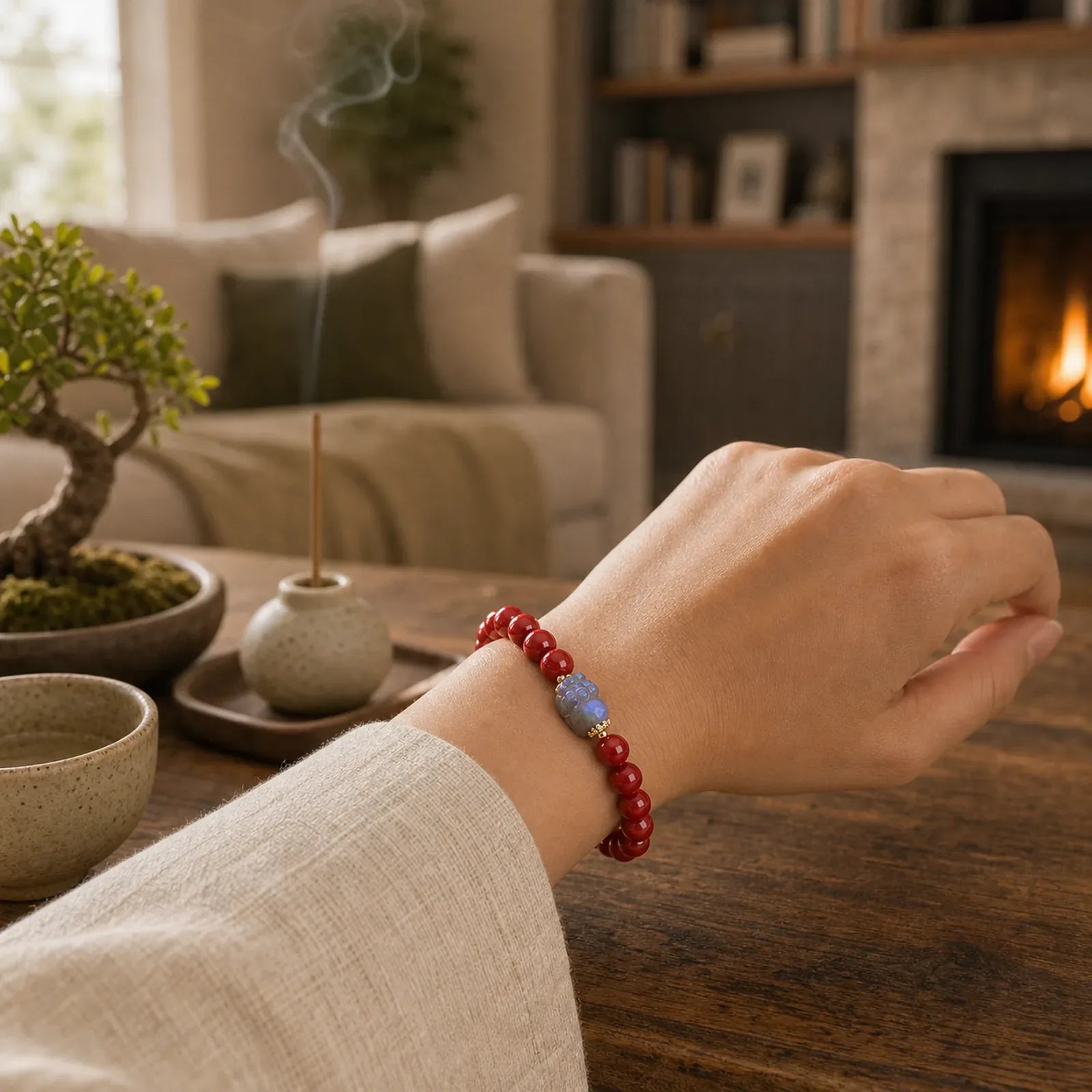 Cinnabar Moonstone PiXiu Blessing Bracelet featuring Cinnabar, Moonstone, Pixiu