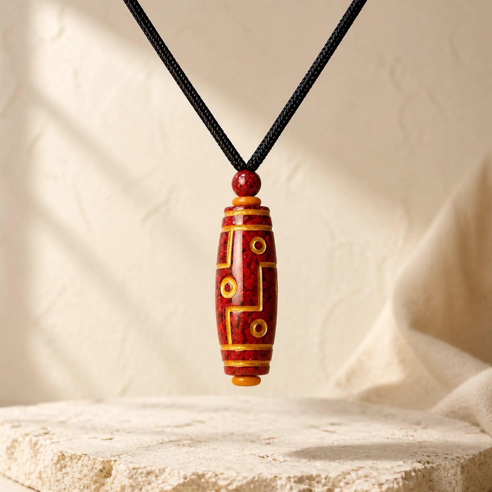Cinnabar Nine-eye Dzi Bead Blessing Necklace Pendant featuring Cinnabar, Nine-Eye Dzi Bead, Dzi Bead