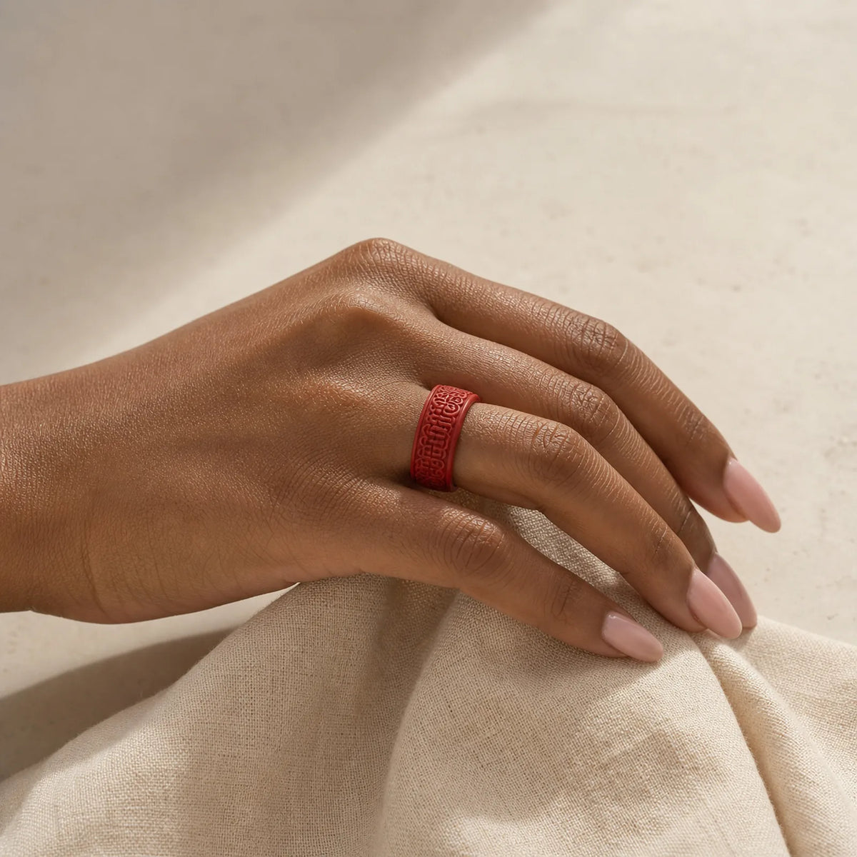 Cinnabar Om Mani Padme Hum Auspicious Clouds Blessing Ring featuring Cinnabar, Om Mani Padme Hum, Om