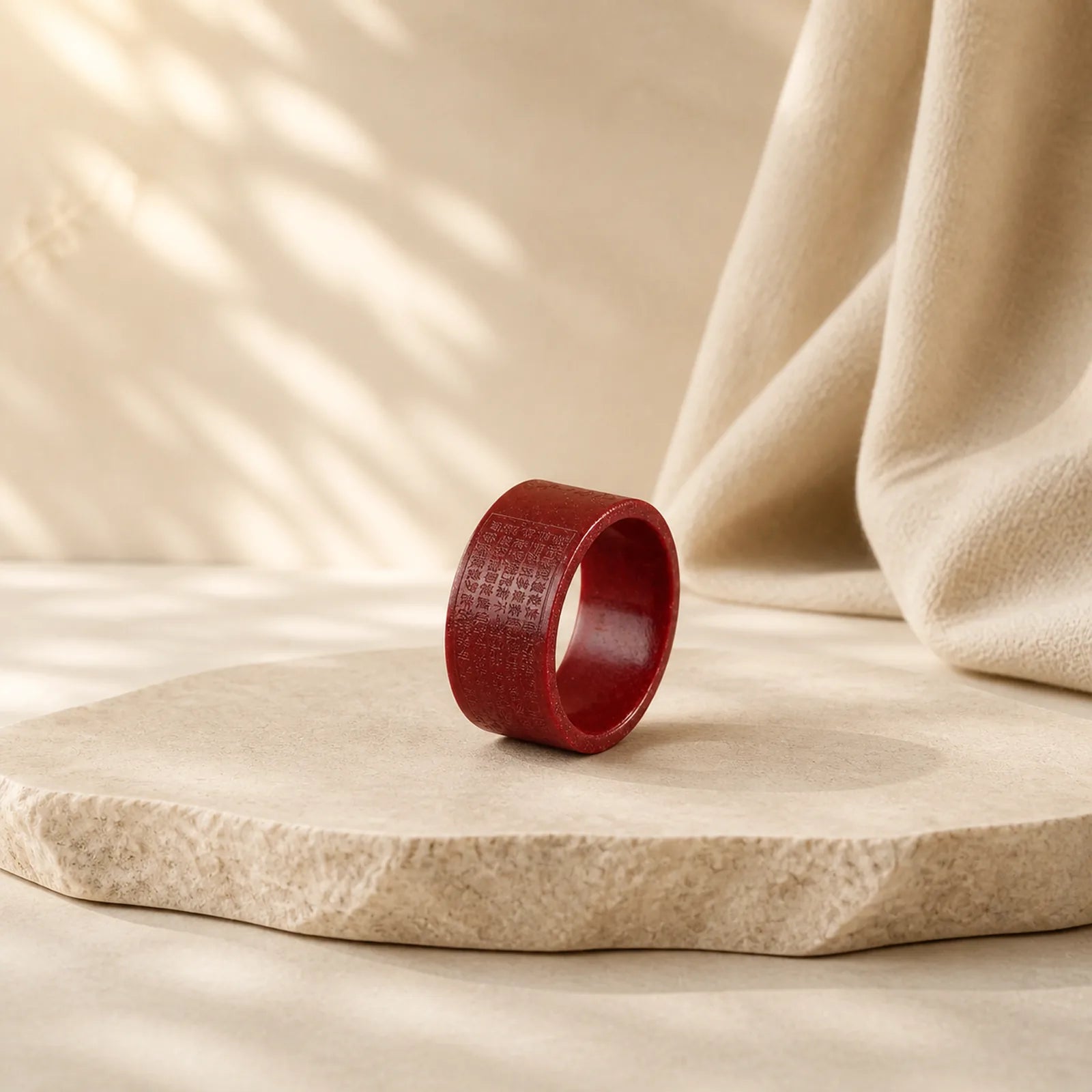 Cinnabar Om Mani Padme Hum Heart Sutra Blessing Ring featuring Cinnabar, Om Mani Padme Hum, Om