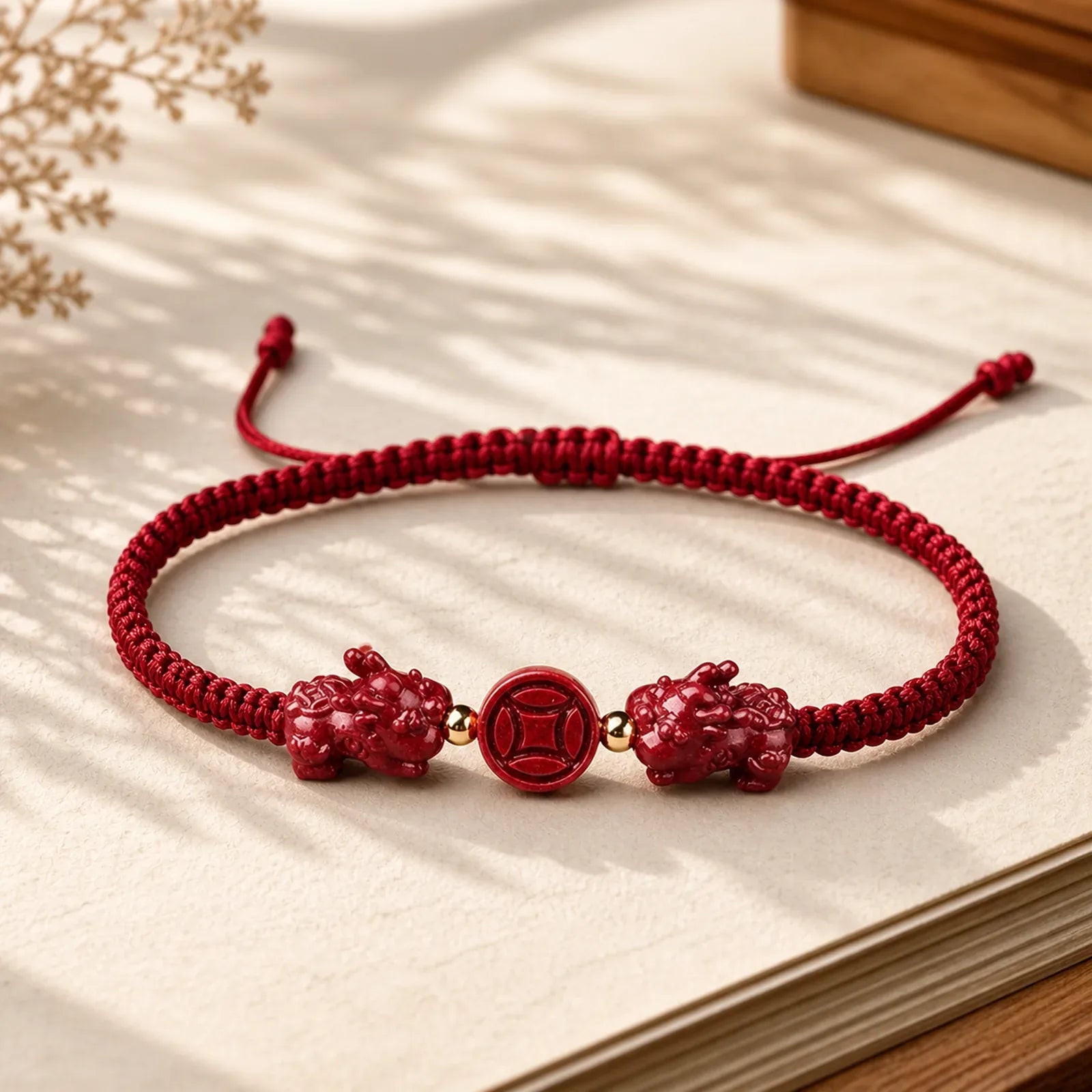 Cinnabar PiXiu Blessing Copper Coin Peace Buckle Red String Bracelet featuring Cinnabar, Pixiu, Copper