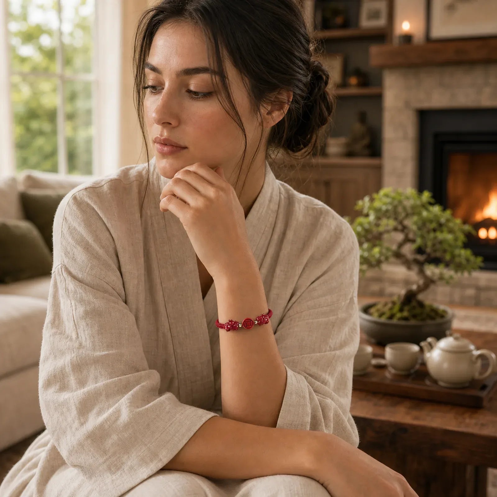 Cinnabar PiXiu Blessing Copper Coin Peace Buckle Red String Bracelet featuring Cinnabar, Pixiu, Copper