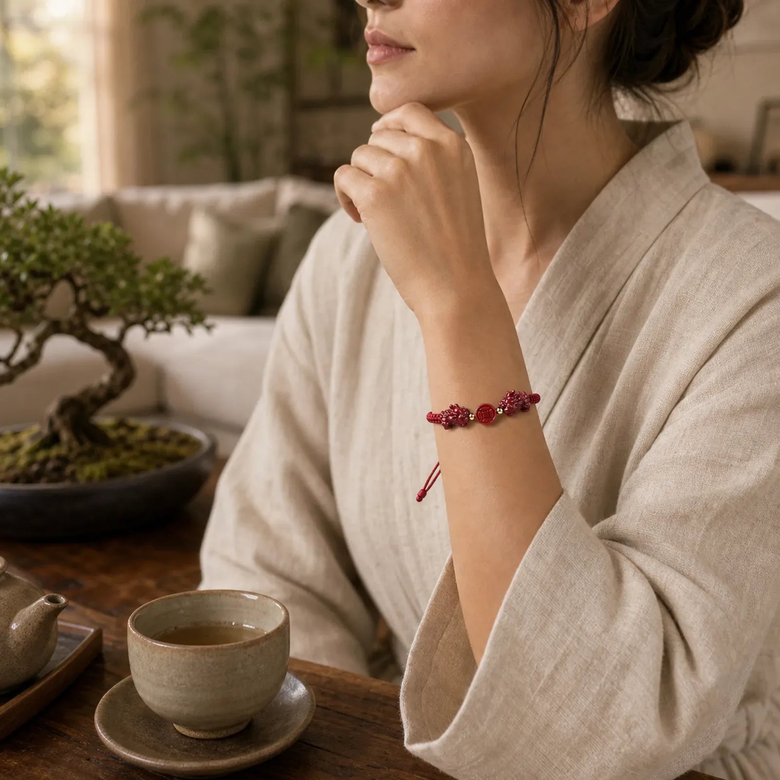 Cinnabar PiXiu Blessing Copper Coin Peace Buckle Red String Bracelet featuring Cinnabar, Pixiu, Copper