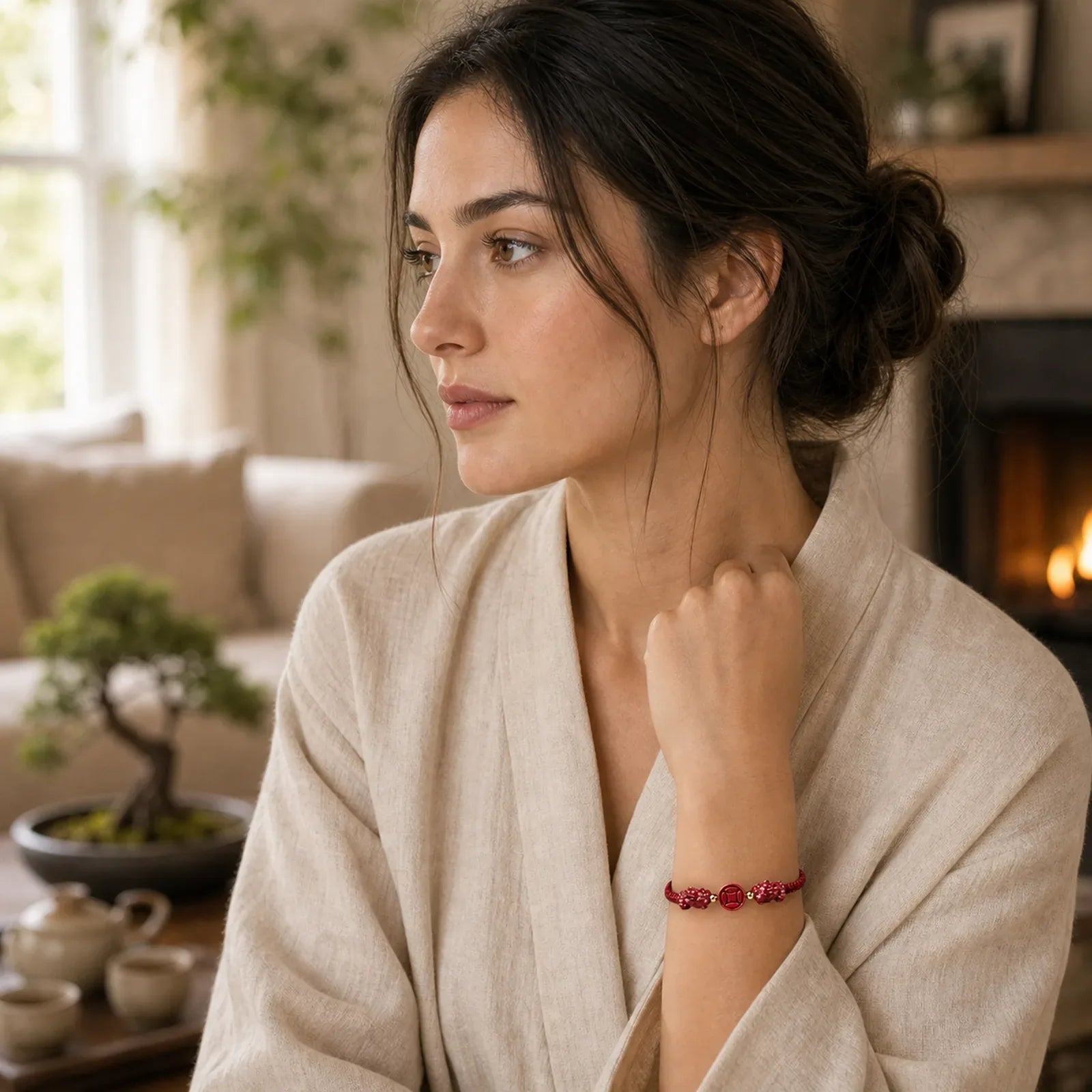 Cinnabar PiXiu Blessing Copper Coin Peace Buckle Red String Bracelet featuring Cinnabar, Pixiu, Copper