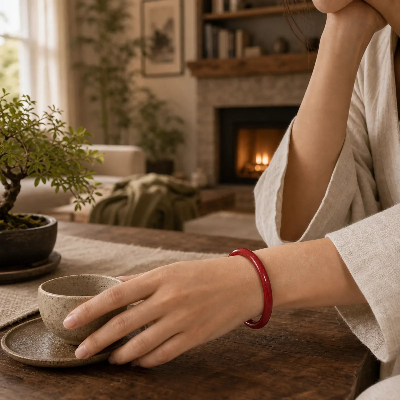 Cinnabar Plain Heart Sutra Calm Bracelet Bangle featuring Cinnabar, Jade