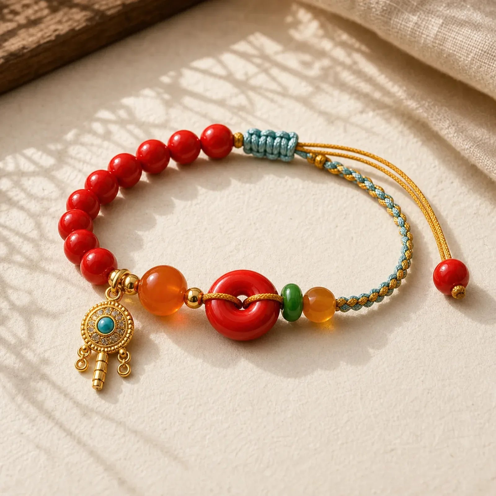 Cinnabar String Peace Buckle Blessing Bracelet featuring Cinnabar, Peace Buckle, Copper