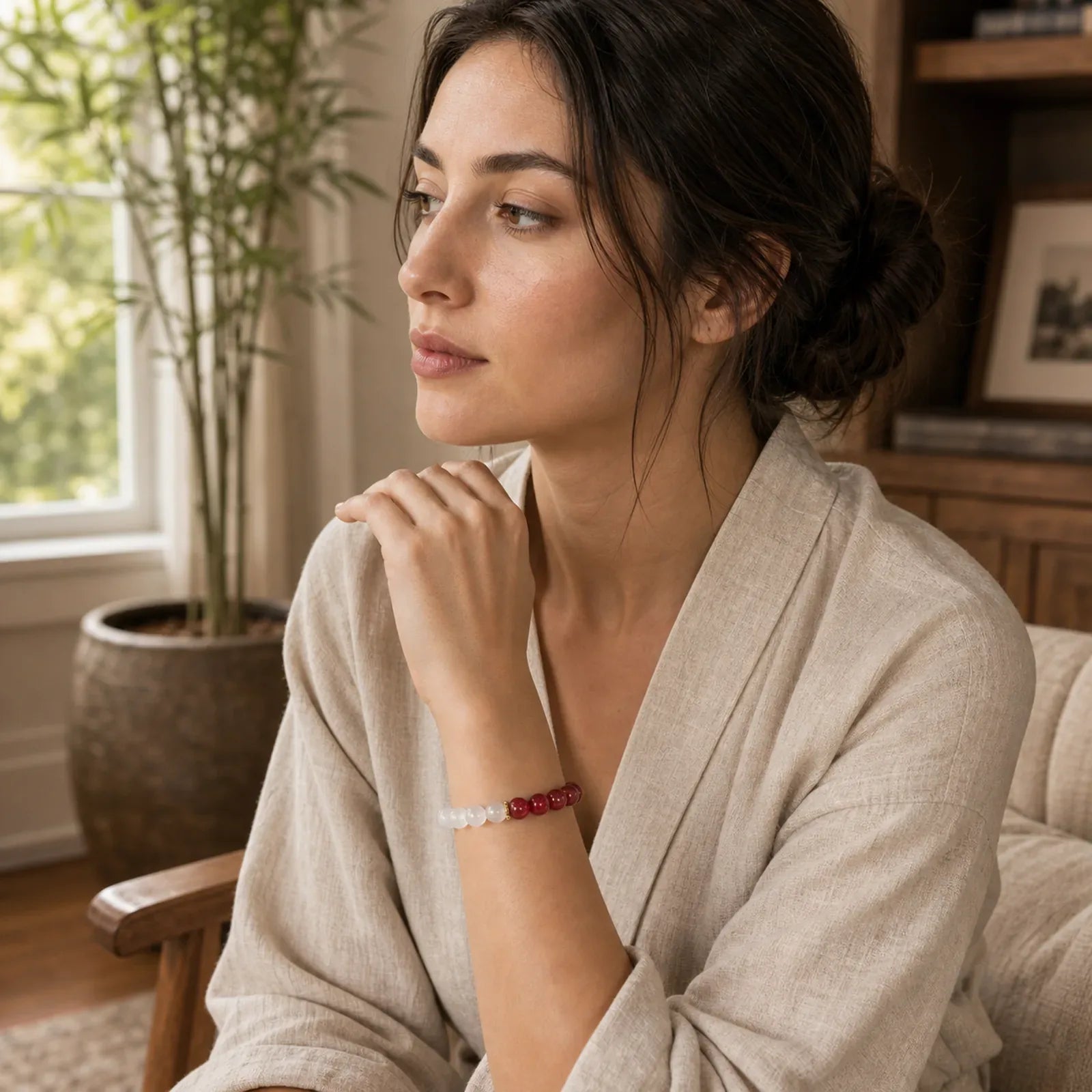 Cinnabar White Cat's Eye Calm Bracelet featuring Cinnabar, White Cat's Eye, Cat's Eye / Chrysoberyl