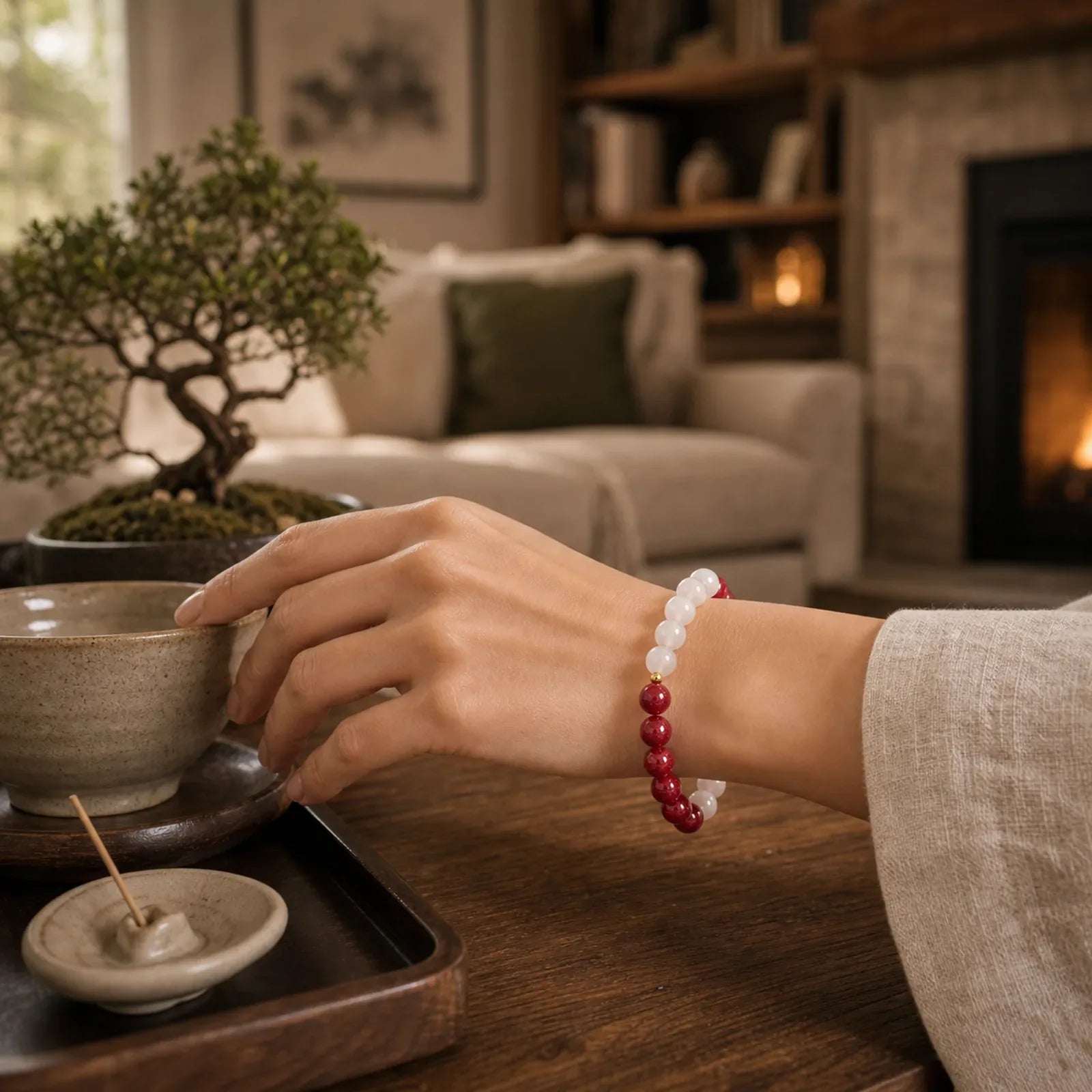 Cinnabar White Cat's Eye Calm Bracelet featuring Cinnabar, White Cat's Eye, Cat's Eye / Chrysoberyl