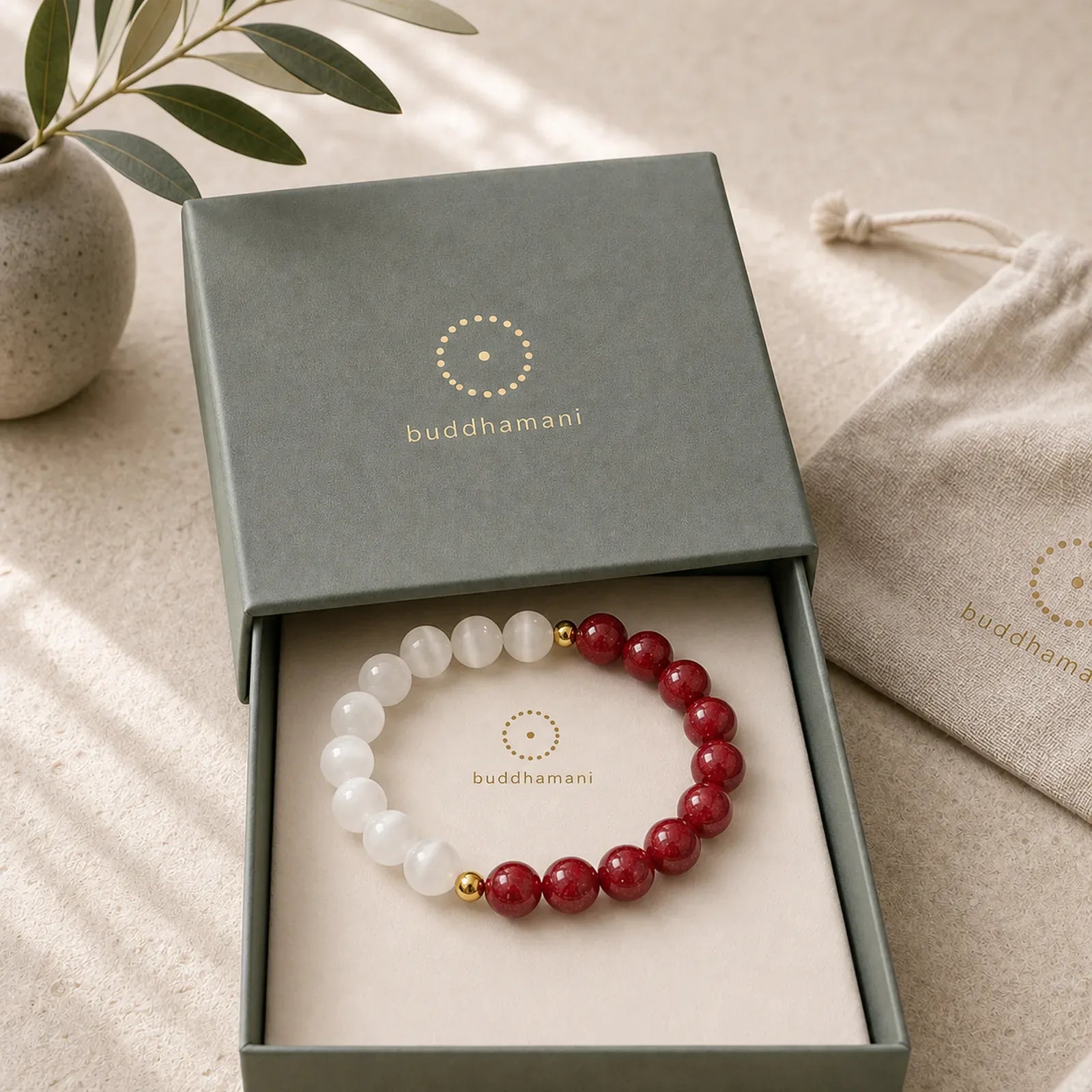 Cinnabar White Cat's Eye Calm Bracelet featuring Cinnabar, White Cat's Eye, Cat's Eye / Chrysoberyl