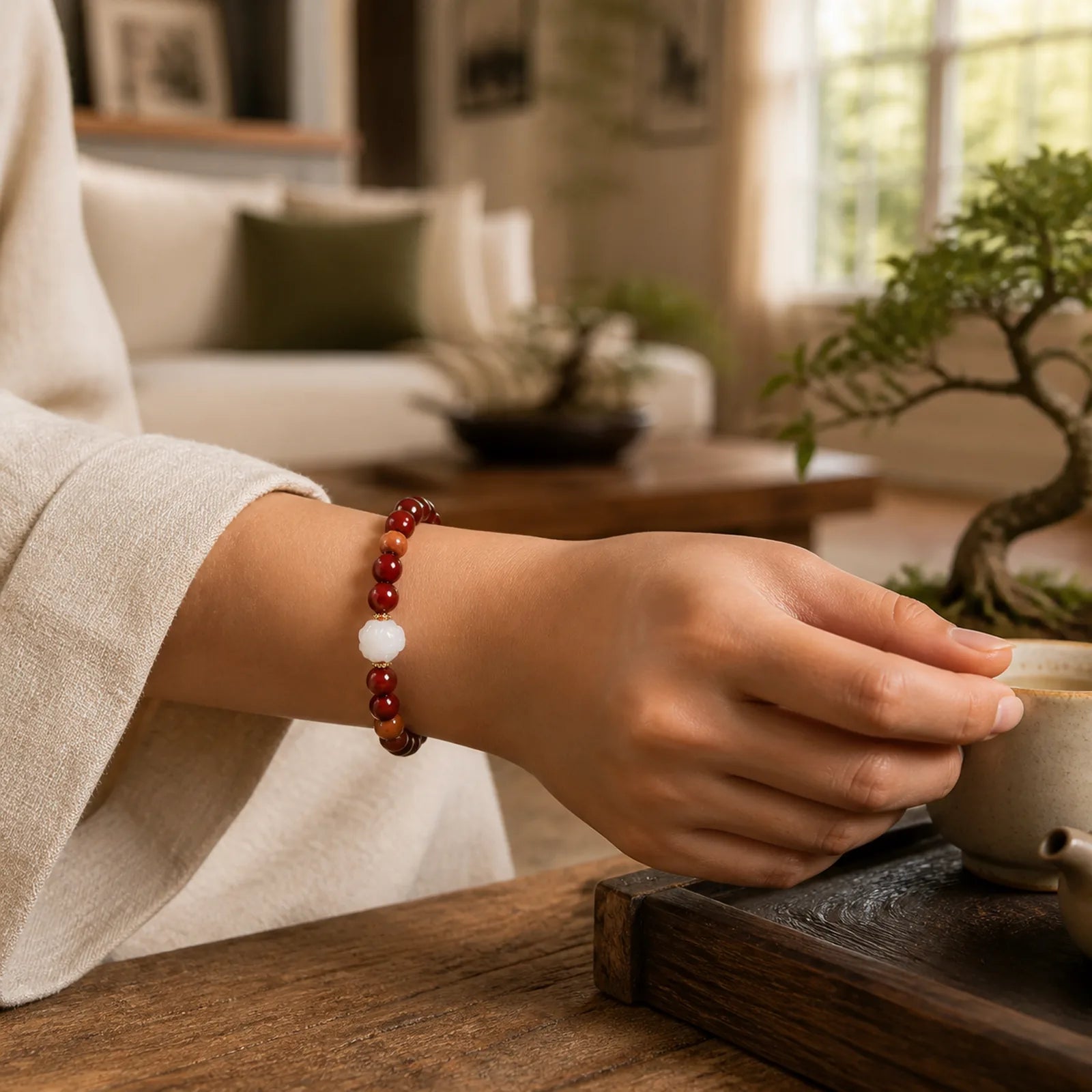Cinnabar Wood Beads Lotus Fu Character Blessing Bracelet featuring Cinnabar, Lotus, Fu Character