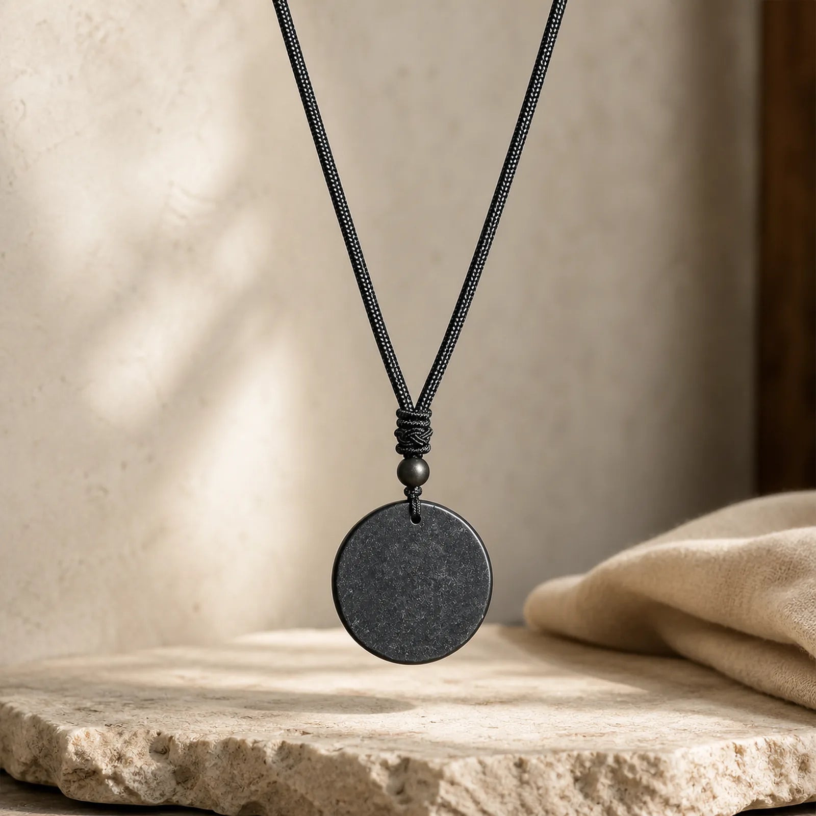 Circle Simple Design Authentic Shungite Stone Protection Necklace Pendant featuring Shungite Stone (Graphite Stone), Pyrite