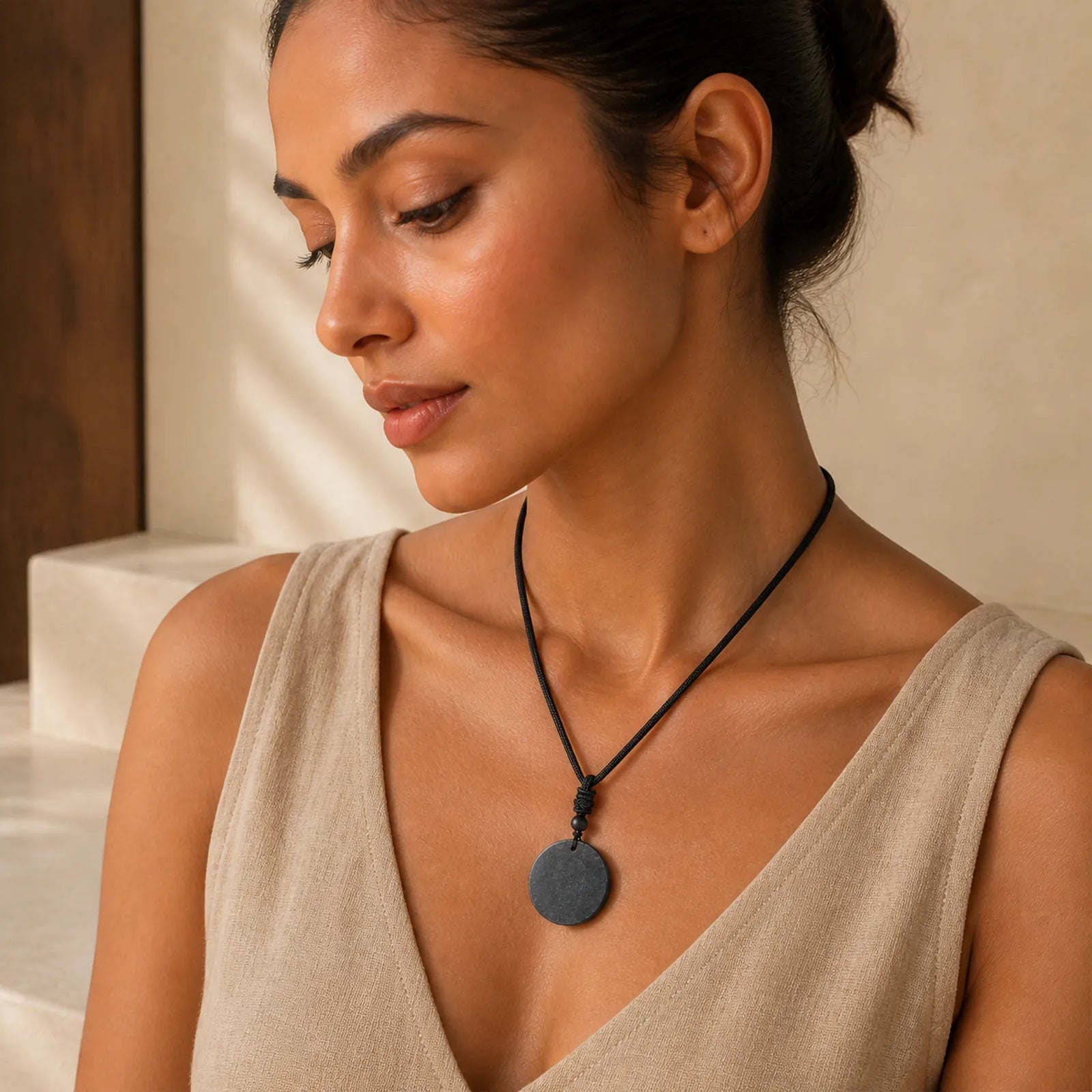 Circle Simple Design Authentic Shungite Stone Protection Necklace Pendant featuring Shungite Stone (Graphite Stone), Pyrite