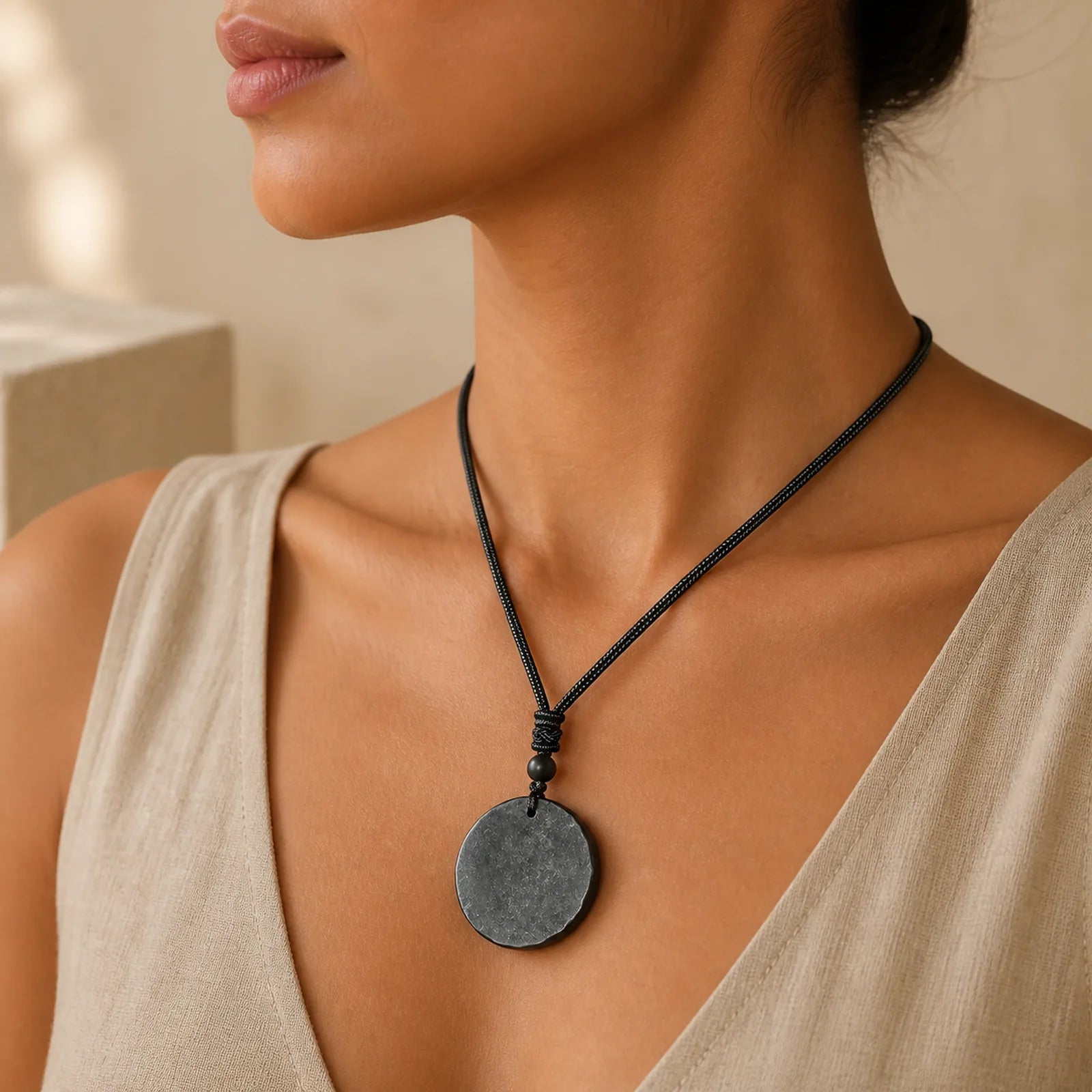 Circle Simple Design Authentic Shungite Stone Protection Necklace Pendant featuring Shungite Stone (Graphite Stone), Pyrite