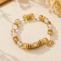 Citrine Clear Quartz Enamel Barrel Bead Lotus Round Bead Bracelet featuring Citrine, Lotus, Clear Quartz / White Crystal
