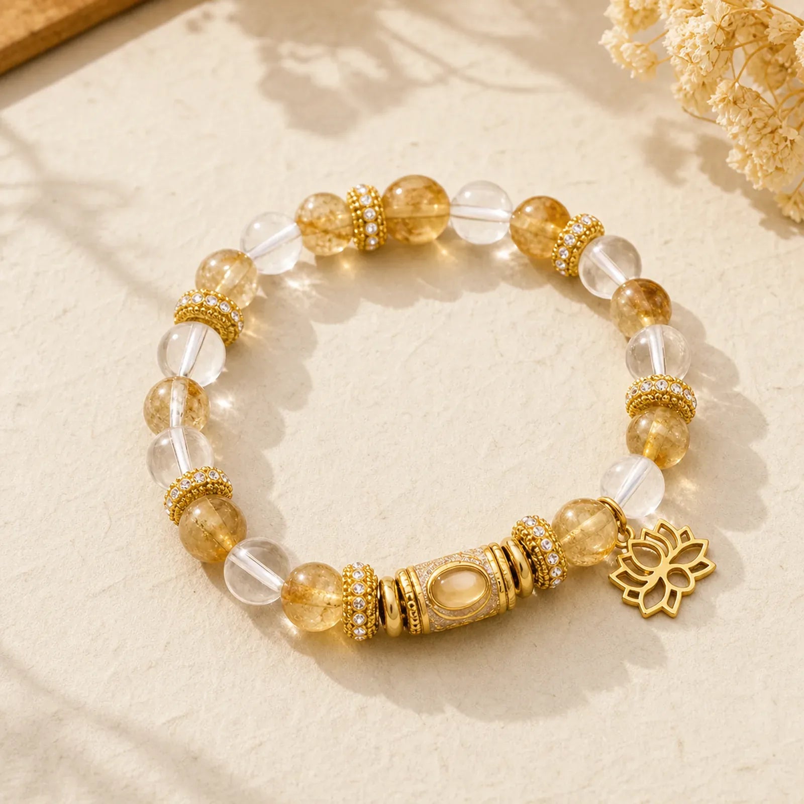 Citrine Clear Quartz Enamel Barrel Bead Lotus Round Bead Bracelet featuring Citrine, Lotus, Clear Quartz / White Crystal