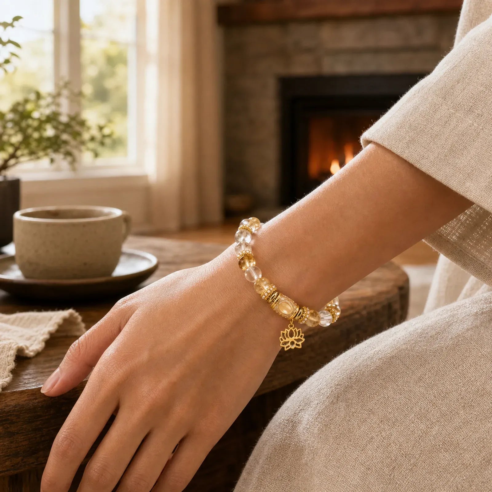 Citrine Clear Quartz Enamel Barrel Bead Lotus Round Bead Bracelet featuring Citrine, Lotus, Clear Quartz / White Crystal