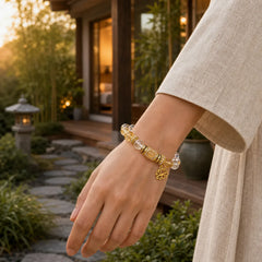 Citrine Clear Quartz Enamel Barrel Bead Lotus Round Bead Bracelet featuring Citrine, Lotus, Clear Quartz / White Crystal