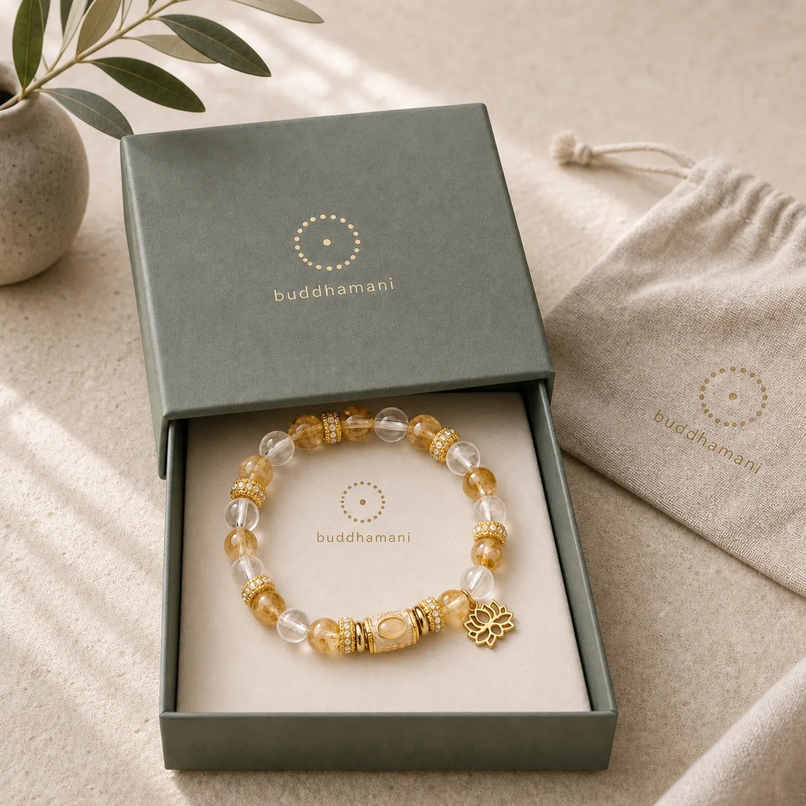 Citrine Clear Quartz Enamel Barrel Bead Lotus Round Bead Bracelet featuring Citrine, Lotus, Clear Quartz / White Crystal