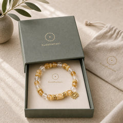 Citrine Clear Quartz Enamel Barrel Bead Lotus Round Bead Bracelet featuring Citrine, Lotus, Clear Quartz / White Crystal