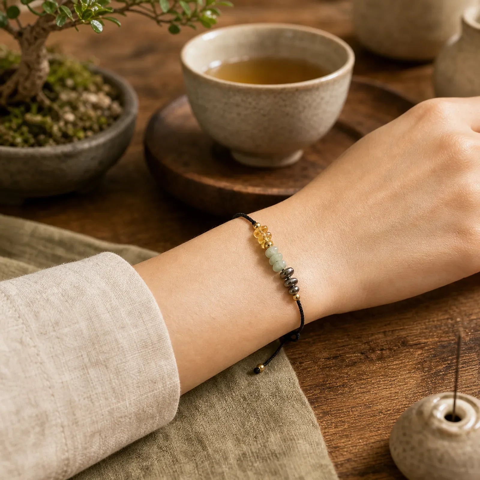 Citrine Green Aventurine Pyrite Success Rope Card Bracelet featuring Citrine, Green Aventurine, Pyrite