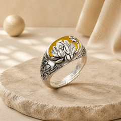 Citrine Lotus Blessing Protection Adjustable Ring featuring Citrine, Lotus, Silver