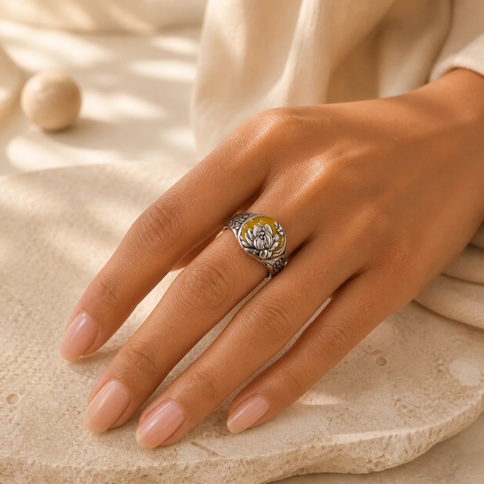 Citrine Lotus Blessing Protection Adjustable Ring featuring Citrine, Lotus, Silver
