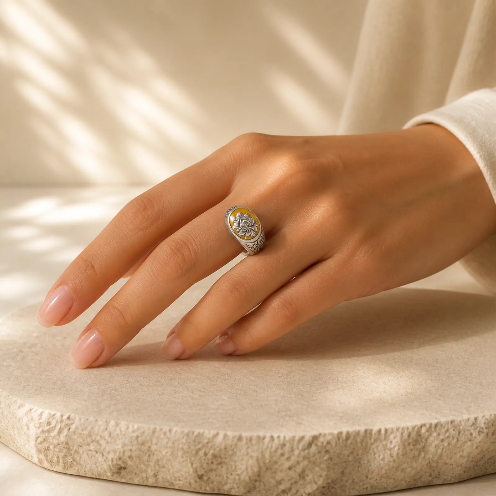 Citrine Lotus Blessing Protection Adjustable Ring featuring Citrine, Lotus, Silver